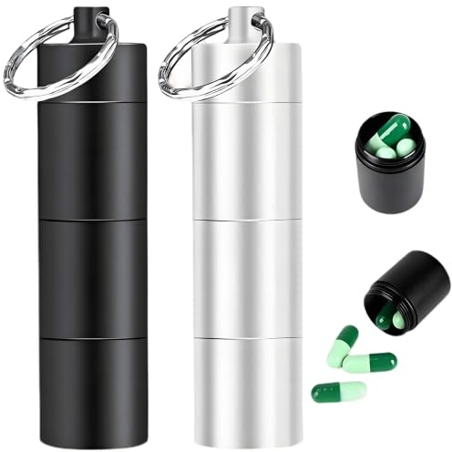 2 Stk Pillendose Schlüsselanhänger, Klein Pillendose Metall 3 Fächer | Mini Tablettenbox Schlüsselanhänger, Wasserdichter Tablettenbox für Unterwegs (Schwarz, Silber)