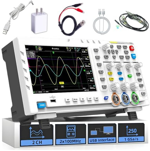 1014D 2 canaux Oscilloscope Portable,100 MHz,1 GSa/s Oscilloscope Numerique/Générateur de signaux 2-en-1,Écran LCD 7 pouces,Mémoire de 1 Go,Connectivité PC,Réglage AUTO/Normal/Single (Sonde 1 * 10x)