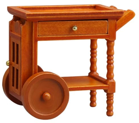 Zxpjkyu Miniature Dining Cart Dollhouse Handcart Vintage Food Trolley Small Wooden Cart with Tray Drawer Turned Legs Suitable for Collector Scene Kitchen Display