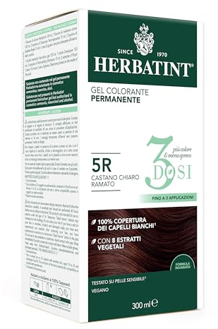 Herbatint Permanentes Farbgel 3 Dosen, 300 ml – 5R Hellbraun Kupfer, ohne Ammoniak, für empfindliche Haut, 100% Abdeckung für weißes Haar, mit 8 natürlichen Bio-Extrakten