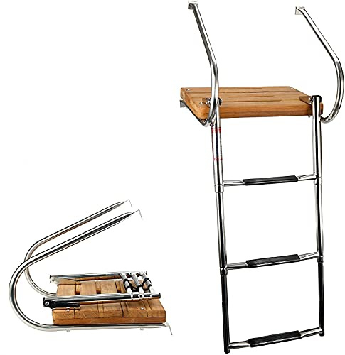 WerkWeit Stainless Steel 3 Step in-Board Outboard Transom Teak Platform with 2 Handrail Marine Telescoping Boat Ladder with Teak Swim Platform Collapsible Step Ladder for Swimming Pool Pontoon Dock