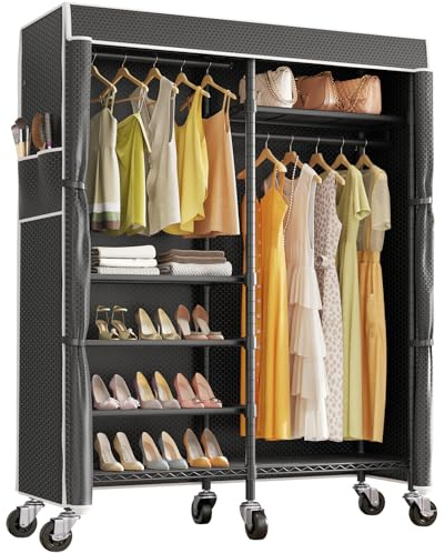 VIPEK R4C Portable Closet Rolling Clothes Rack Heavy Duty Adjustable Wardrobe Metal Garment Racks with Lockable Wheels Black Clothing Rack with Black Upgraded Polyester Cover, Max Load 620lbs