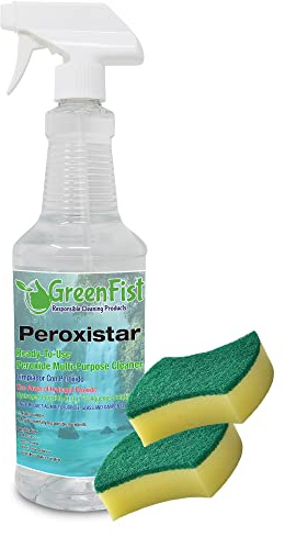 GreenFist PeroxiStar Hydrogen Peroxide All Purpose (Glass, Carpet,Stain Remover) Cleaner (1 Quart 32 oz with 2 Sponges)