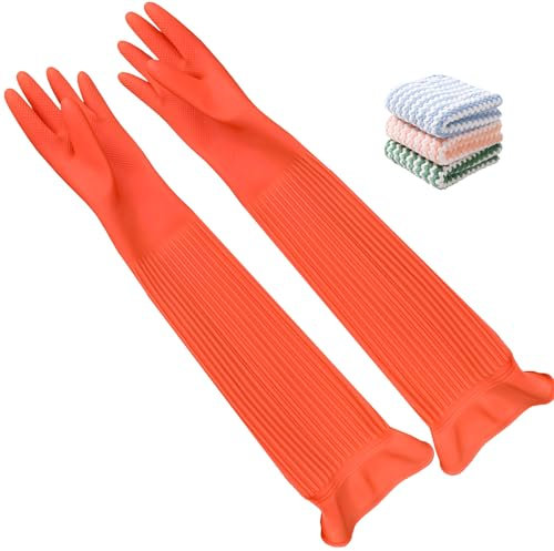 Vsootal 3 Pairs Household Extra Long Kitchen Gloves for Washing Dishes,20.05inches Rubber Cleaning Gloves,Reusable Latex Living Wash Gloves,Long Sleeves(Large, Red)