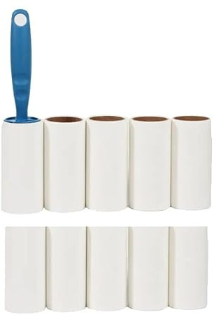 Maxiscorta Kit 10 Rotoli da 60 Strappi Pretagliati (600 fogli) + Manico Ergonomico Rullo Adesivo Elimina Pelucchi Peli e Capelli Pulizia Giacca e Vestiti Scorta Convenienza EnJoeyStore(AZZURRO)