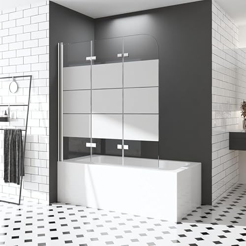 Duschwand für Badewannen 130 x 140 cm 3 teilig faltbar Dekor Querstreifen Duschwand Faltwand Sicherheitsglas Duschabtrennung Nano Glas