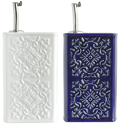 Lot de 2 Distributeurs D'Huile D'Olive et de Vinaigre, Bouteille en Céramique Grès 500ml, Blanc + Bleu, AZULEJO, Cª Atlântica