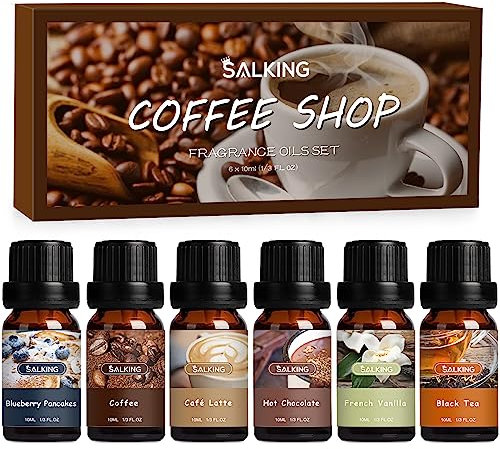 SALKING Café Ätherische Öle Set, Aromatherapie GeschenkSet, Pure Duftöle für Diffuser Duftlampen Luftbefeuchter, 6x10 ml (Blaubeerpfannkuchen, Kaffee, Latte, Schokolade, Vanille, schwarzer Tee)