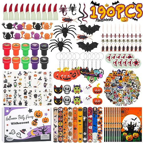 Withosent 190 Stück Halloween Party Mitgebsel Kindergeburtstag, Halloween Deko Party Spielzeug Zubehör mit Geschenke Box, Pinata Füllung Spinne Fledermaus Augen Fingerlinge Tattoo für Kinder