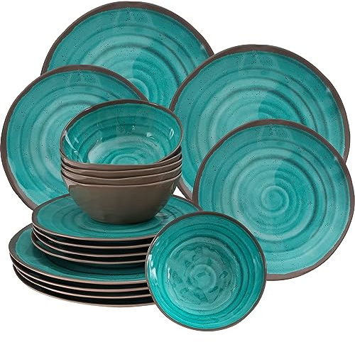 Vaisselle de camping en mélamine pour 6 personnes, aspect faïence, vert aqua, 18 pièces, avec assiettes et bols