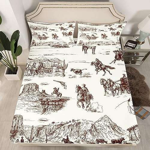 Western Queen Fitted Sheet - Kids Cowboy Bedding Set Galloping Horse Bed Cover - Lightweight
