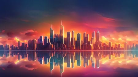 adrium Acryl-Bild 70 x 40 cm: Skyline der Stadt am Meer, Sonnenuntergang oder Sonnenaufgang (205862442)