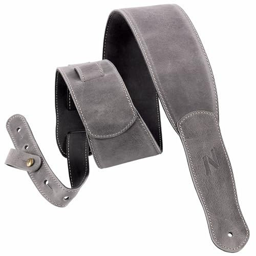 Nefelibata 3-Zoll-Gitarrengurt, Vollnarbenleder mit Schaumstoffpolsterung und Kabelorganisationsschlaufe für Kinder, Männer und Frauen für Akustik-, Bass- und E-Gitarre (Vintage Grau)