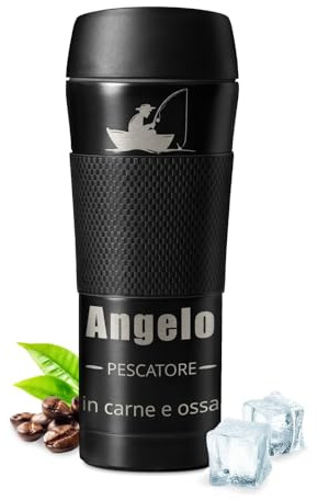 Maverton tazza caffè termica 450 ml, thermos personalizzato in acciaio inox | borraccia termica custodia antiscivolo, tazza coperchio ermetico, borraccia da viaggio per uomo, nero, Pescatore
