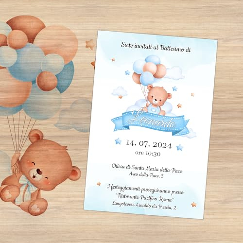 Cormar Inviti Battesimo Bambino Personalizzati - 15 Pezzi - Biglietti Eleganti - Tema Celeste - Made in Italy