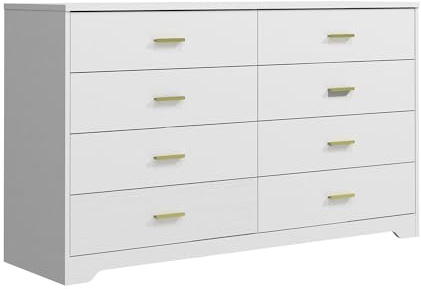 Panana Modern 8 Drawers Lateral Dresser, Wooden Wide Chest of Drawers Large Size Storage Organizer Unit with Metal Gold Handles for Bedroom, Living Room, Hallway, Entryway (White, 8 Drawers)