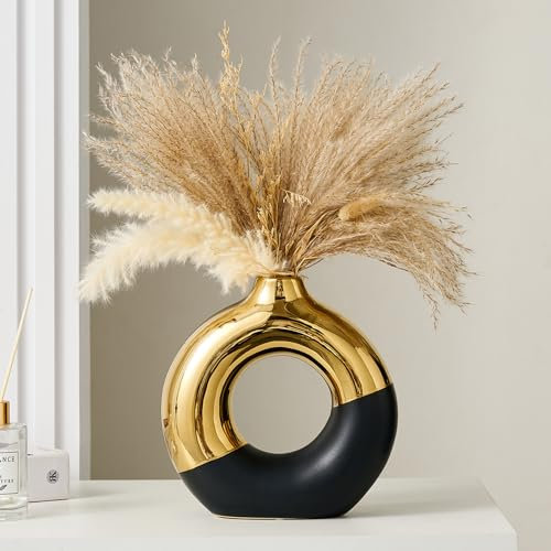 Keramik Donut Vase, 20,5L x 20,5H cm Schwarz und Gold Runde Vase für Pampasgras, Nordic Modern Vasen für Dekor, Keramik-Vase Mittelstücke für Hochzeit, Schlafzimmer, Wohnzimmer, Couchtisch, Büro