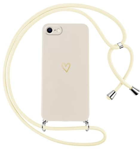 Oelrstfe Handyband für iPhone 8/iPhone SE 2020/iPhone 7/SE 2022 Hülle mit Band Herz Motiv Handyhülle für zum Umhängen Silikon Stoßfest Ultra Dünn Weich Schutzhülle mit Kordel Necklace Kette Case,Weiß