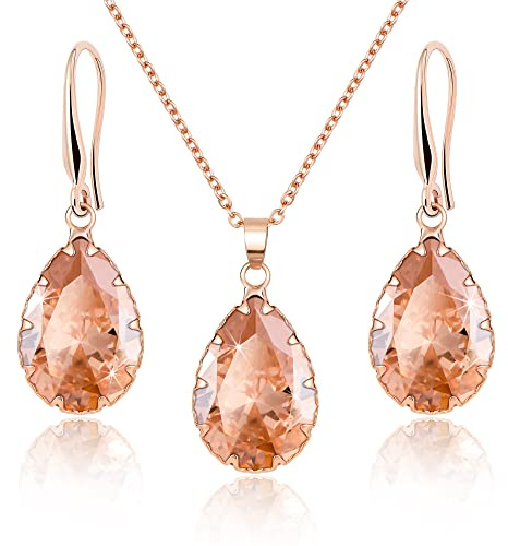 Linawe Conjuntos de joyas amarillas para mujer, conjunto de pendientes y pendientes de oro rosa, pendientes con cadena colgante, collar, joyería nupcial, joyería de moda