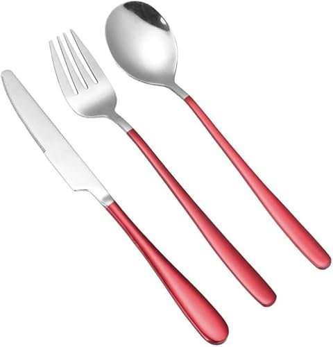 GLJTUO Silverware Set 2/3 Pcs Knife Fork Spoon Stainless Steel Cutlery Set Reusable Dinner Forks Mirror Polished Tableware Set,Red-3 Pack