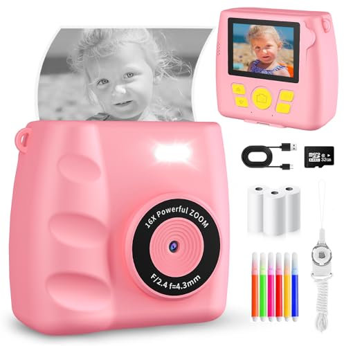 Kids Camera Instant Print, 1080P HD Digital Camera for Girls Boys Christmas Birthday Present - Instant Camera for Kids with Colour Pens, Print Paper -Camera Toys Gift for 3 4 5 6 7 8 9+ Year Old