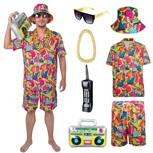 YQVGFBY 80er 90er Jahre Outfit Herren Retro Shirts und Shorts Set, Hip-Hop Strand T-Shirts und Shorts, Jogginganzüge, Badass-Kostüme, Faschingskostüme, Karnevalskostüme
