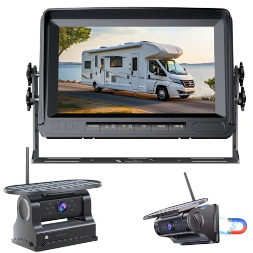 OBEST Solar Kabellos Rückfahrkamera Set,Akkubetriebene Funk 1080P Rückfahrkamera mit 7 Monitor,9600mAh Wiederaufladbare Batterie,IP69 Wasserdichtes Auto Rückansicht Magnetische Kamera