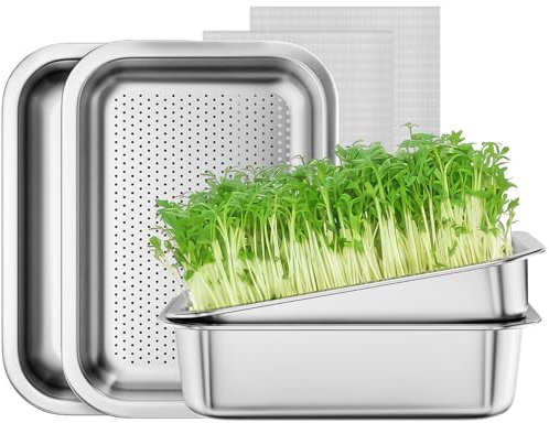 FANHAO 2-Pack Sprouting Tray Kit, Stainless Steel Soil-Free Cultivation Germination Tray, Healthy Wheatgrass Grower Sprouting Container Kit Nursery Tray for Indoors Plant Seedlings