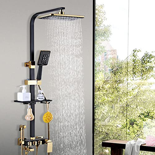 BRRIDE Regendusche Duschsystem mit Ablage & Armatur, Duscharmatur Komplettset Duschset, 3 Strahlarten Duschkopf, Höhenverstellbare Duschstange, 30x20cm Eckig Kopfbrause für Badezimmer