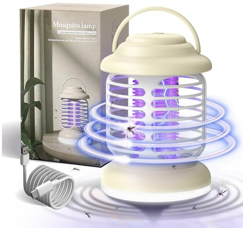 Lampada Zanzare da Interno e Esterno, Ammazza Zanzare Elettrico 5W, Zanzare Elettrico Portatile, Antizanzare Elettrico Portatile, Uccidi Zanzariera Elettrica con Luce di LED (Ricaricabile, Beige)