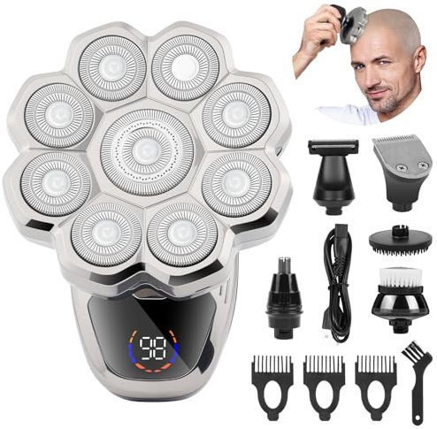 OFFCUP Rasoio Testa Calva Uomo, 5 in 1 Rasoio 9D Capelli Barba IPX6 Impermeabile Display LED Testa Rotante