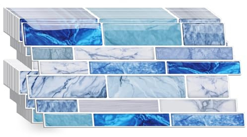 CHDITB 16Blatt 2D Blaue klebefliesen,Wandfliesen Selbstklebend,Küche Klebefolie Fliesenoptik,Badezimmer Selbstklebende Fliesendekor,Mosaik Fliesen Wandsticker Bad,Blaue Marmor Wandsticker(26.4x12cm)