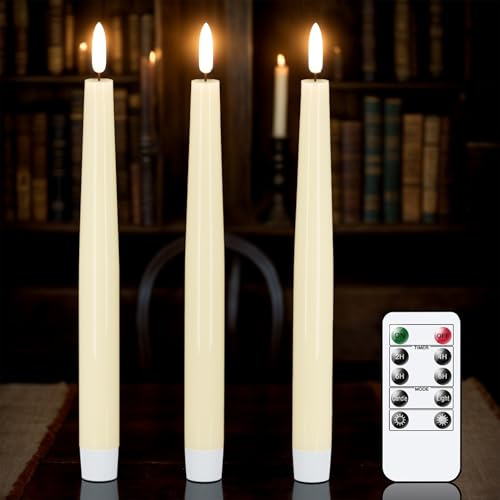 Eldnacele LED Stabkerzen mit Timerfunktion, 3er Set mit Fernbedienung | Konische Echtwachskerzen, elektrische Kerzen, elfenbeinfarben, 25 cm, flackernde Flamme, für Weihnachtsdeko und Hochzeit