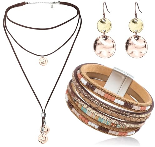 MWOOT Bohème Bijoux pour Femme, Boho Bracelet en Cuir Multicouche, Vintage Pendentif Collier en Cuir Multicouches, Boucles d'oreilles Pendantes à Disque, Ensemble de Bijoux Occidentaux