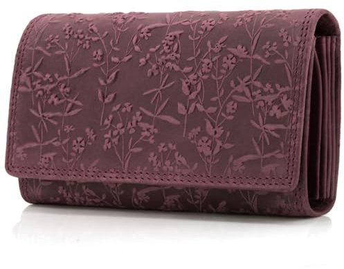 ekavale Portemonnee für Damen mit Blüten Muster RFID-Schutz, Leder Geldbörse Langformat mit Druckknopf (Lila)
