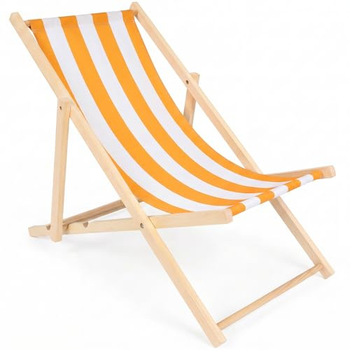 specwood Liegestuhl Holz klappbar leicht 3-Fach verstellbar stabil bis 120 kg Buchenholz Strand für Garten Balkon Camping Strandstuhl - Weiß & Orange