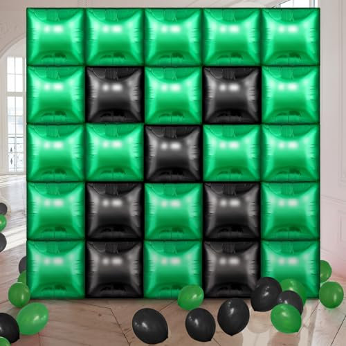 Charnoel 25 Pcs Video Game Party Double Sided Square Foil Balloons Wall Backdrop 19 Inches Green and Black Foil Balloons Tunnel Arch Garland Kit for Boy Game Theme Birthday Party Background Decoration