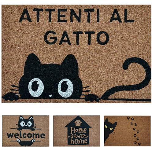 Zerbino Ingresso Esterno Simpatico 40x60cm, Cocco, Attenti al Gatto Nero | Tappeto Entrata Divertente, Interno / Esterno, Base Antiscivolo in PVC, Fibra di Cocco Naturale, Resistente, Facile da Pulire
