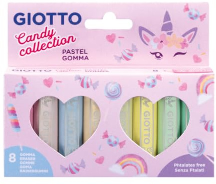 GIOTTO Candy Collection, Goma de Borrar Pastel, Colores Surtidos, 8 Unidades