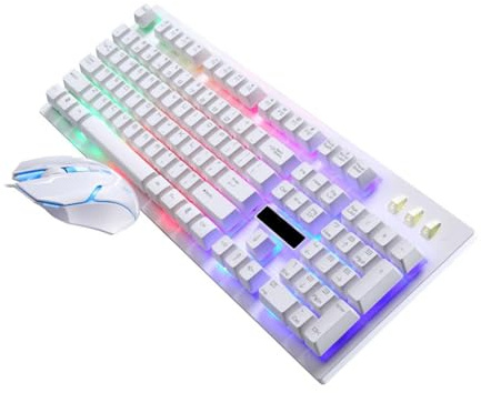 Set Tastiera e Mouse Gaming USB 104 Tasti Plastico Bianco | Retroilluminato, 4 Tasti Extra, Design Anti Conflitto e Superficie Resistente