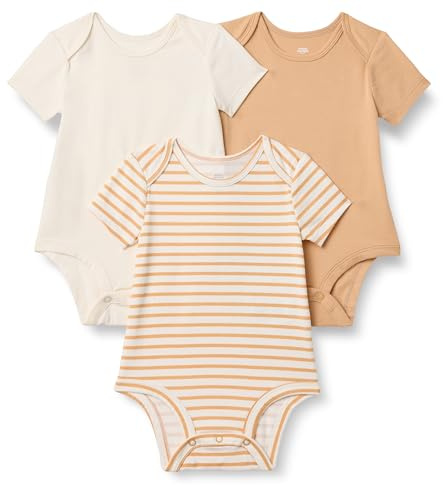 Amazon Essentials x Sofia Grainge Unisex Babies' Short Sleeve Crewneck Bodysuit, Pack of 3, Ivory/Light Camel/Stripe, 0-3 Months