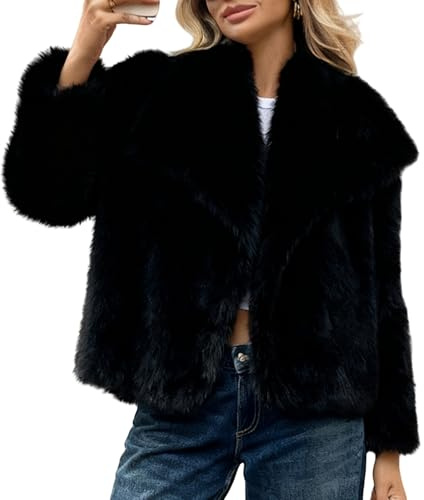 WOWULOVELY Women's Faux Fur Coat Lapel Fluffy Faux Fur Jacket Long Sleeve Furry Overcoat Winter Warm Shaggy Parka(Black-XL)