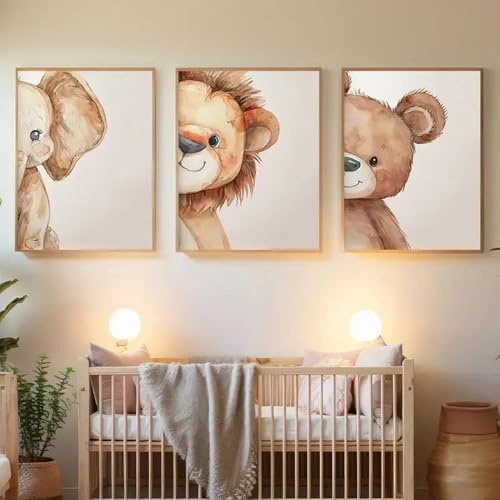 BeiYiHo 3 Bilder Babyzimmer Löwe Bären Elefant Poster Kinderzimmer Jungen Tiere 30x40cm Wandbilder Junge Baby Kinder Geschenk Poster Babyzimmer Beige Leinwand ohne Rahmen