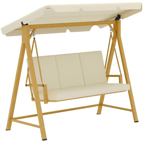 Outsunny Dondolo da Giardino 3 Posti con Tettuccio, 195x120x170 cm Beige | Parasole Regolabile, Dondolo da Esterno, Struttura in Metallo Effetto Legno, Cuscini, Portata 330 kg, Protezione UV 30+