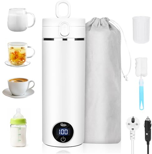 Hervidor Eléctrico Pequeño de Viaje, 500ml Calentador de Agua Portatil con Cargador 12V para Coche Cepillo, hervidor de agua caliente de viaje, té de café, apagado automático y protección en seco