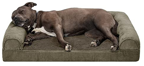 Furhaven Orthopedic Dog Bed for Large/Medium Dogs w/ Removable Bolsters & Washable Cover, For Dogs Up to 55 lbs - Faux Fur & Velvet Sofa - Dark Sage, Large