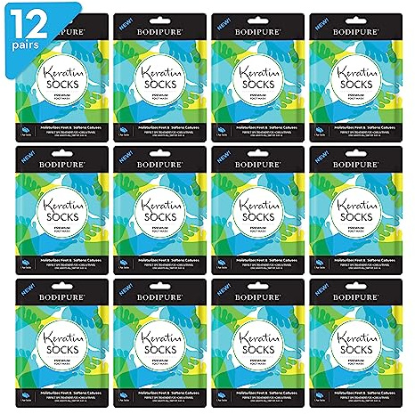 Bodipure Premium Foot Mask Keratin Socks | At Home Spa Moisturizer Socks for Dry Cracked Feet, Callus & Heel Softening | Easy-to-Use Pedicure Foot Repair | Chemical-free Feet Treatment | 12 Pairs