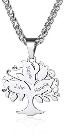 Custom4U Arbre de Vie Personnalisé 2/3/4/5/6/7 Prénoms Collier Acier Inoxydable Homme, Pendentif Arbre de Vie,Bijoux Gravé de Famille,Meuilleur Amis,Couple,Femme
