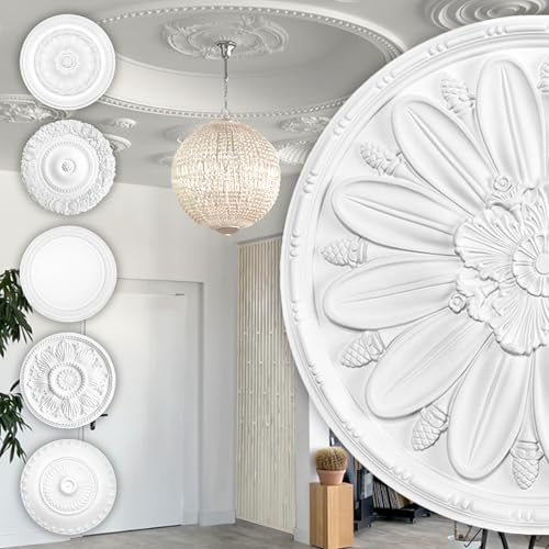 HEXIM Perfect Stuckrosette aus PU hartschaum - Deckenrosette weiß, Zierelement, Stuck (B3042, Ø 76cm) Wanddeko Wohnzimmer Decke Polyurethane rund