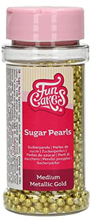 FunCakes Perles en Sucre Moyennes Or Métallique: sprinkles gâteau, bon goût, parfait pour la décoration de gâteaux, perles de sucre comestibles. 80 g.